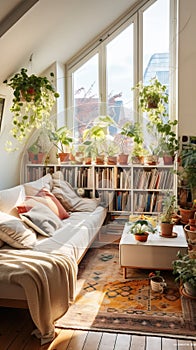 A cozy warm living room with thick white walls and white floor furnitures looks like a flea market lot of plants raw plank hanged