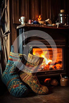 cozy warm socks by a crackling fireplace