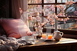 Cozy warm spring composition with cup of hot coffee or chocolate, cozy blanket and blossoming cherry branches on sunny spring day