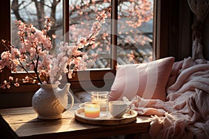 Cozy warm spring composition with cup of hot coffee or chocolate, cozy blanket and blossoming cherry branches on sunny spring day
