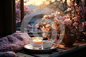Cozy warm spring composition with cup of hot coffee or chocolate, cozy blanket and blossoming cherry branches on sunny spring day