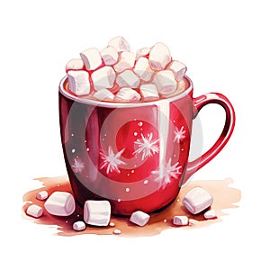 Cozy watercolor illustration of red mug full of hot cocoa and marshmallows isolated on white background