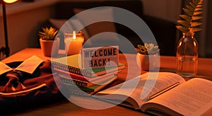 Cozy Welcome Back Scene with Books and Candlelight