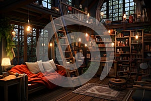 A cozy and well-decorated reading nook inside a room with large windows, surrounded by bookshelves and adorned with various