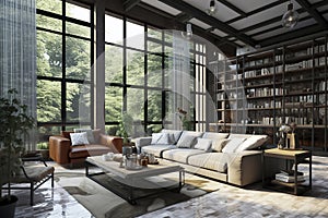 a cozy, well-lit living room with modern furniture, large windows showcasing a lush forest view, and a filled bookshelf, ai