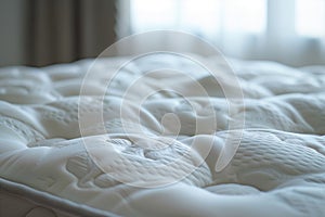 Cozy white bed with luxurious linens on wooden flooring in bedroom