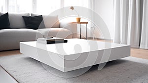 Cozy White Home Corner, a Coffee Table as a Background for Product Display, Generative AI