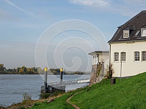 Cozy white house along the river Rhine in Dusseldorf, Germany