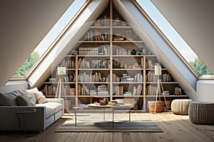 Cozy white living room with modern interior featuring sofa and bookshelves in triangular frame house