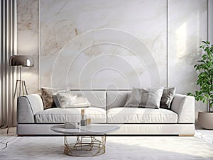 Cozy white sofa against marble stone wall. Interior design of modern living room. Created with generative AI