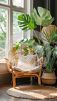 Cozy Wicker Chair with White Cushion in Sunny Room Surrounded by Lush Indoor Plants Biophilic Design