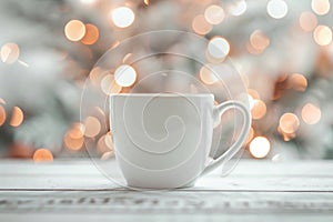 Cozy Winter Atmosphere with Warm Mug and Soft Bokeh Lights