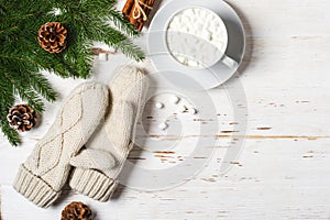 Cozy Winter background. cup of cocoa with marshmallow, mittens and fir branches