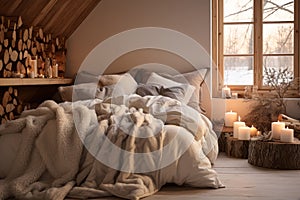 Cozy Winter Bedroom with Warm Candle Light.