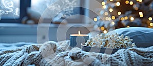 Cozy Winter Bliss with Popcorn and Twinkling Lights. Concept Cozy Winter Photoshoot, Twinkling
