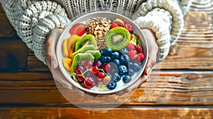 Cozy Winter Breakfast. Hands Holding a Bowl of Fresh Fruit and Cereal. Healthy Eating Concept. Bright, Vibrant Food