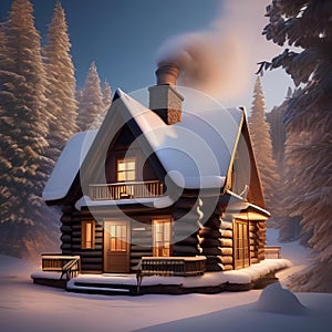 A cozy winter cabin covered in snow, with smoke rising from the chimney Cozy and inviting winter retreat1