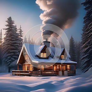 A cozy winter cabin covered in snow, with smoke rising from the chimney Cozy and inviting winter retreat2