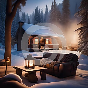 A cozy winter cabin covered in snow, with smoke rising from the chimney Cozy and inviting winter retreat3