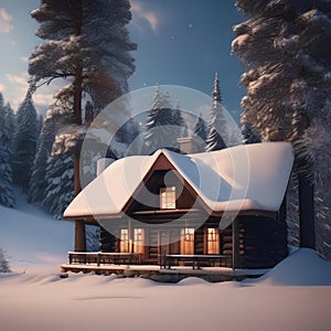 A cozy winter cabin covered in snow, with smoke rising from the chimney Cozy and inviting winter retreat4