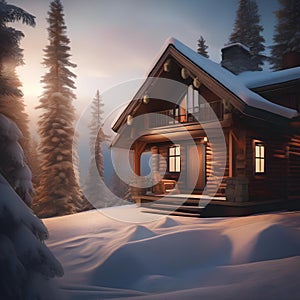 A cozy winter cabin covered in snow, with smoke rising from the chimney Cozy and inviting winter retreat5