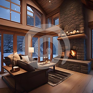 A cozy winter cabin with a roaring fireplace, a steaming mug of cocoa, and snow falling outside2