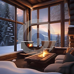 A cozy winter cabin with a roaring fireplace, a steaming mug of cocoa, and snow falling outside3