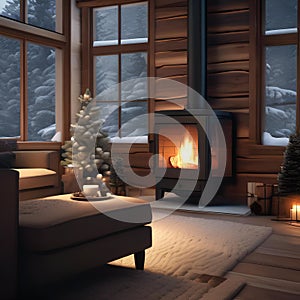 A cozy winter cabin with a roaring fireplace, a steaming mug of cocoa, and snow falling outside4