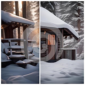 A cozy winter cabin with a roaring fireplace, a steaming mug of cocoa, and snow falling outside5