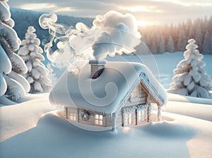 Cozy Winter Cabin Surrounded by Snow with Smoke Rising from Chimney
