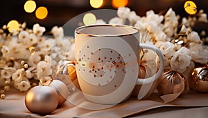 Cozy winter celebration coffee, chocolate, candle, Christmas lights, decorations generated by AI