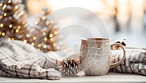 Cozy winter celebration with hot chocolate and decorations generated by AI