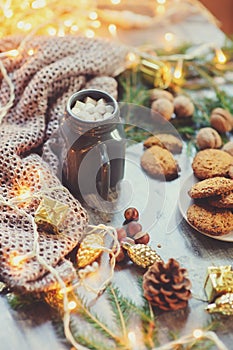 Cozy winter and Christmas setting with hot cocoa with marshmallows and homemade cookies