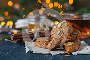 Cozy winter and Christmas setting with hot mulled wine with homemade cookies. Warm and homely