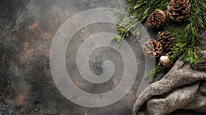 Rustic winter composition with pine cones and greenery