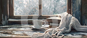 Cozy winter holiday ambiance with a tea or coffee cup placed on a table near the window