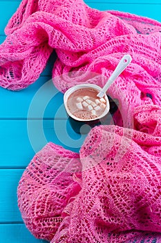 Cozy winter home background, cup of hot cocoa with marshmallow