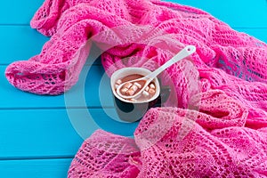 Cozy winter home background, cup of hot cocoa with marshmallow