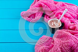 Cozy winter home background, cup of hot cocoa with marshmallow