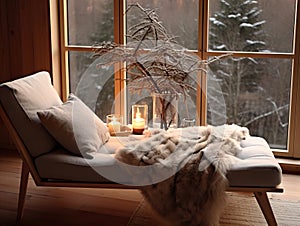 Cozy winter home interior with knitted blankets and pillows, holiday country house in wood, warm fire and afternoon