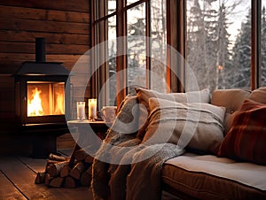 Cozy winter home interior with knitted blankets and pillows, holiday country house in wood, warm fire and afternoon