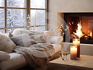 Cozy winter home interior with knitted blankets and pillows, holiday country house in wood, warm fire and afternoon