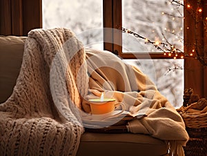 Cozy winter home interior with knitted blankets and pillows, holiday country house in wood, warm fire and afternoon