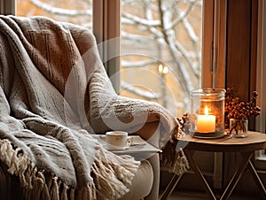 Cozy winter home interior with knitted blankets and pillows, holiday country house in wood, warm fire and afternoon