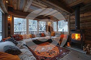 Cozy winter lounge in Austrian cabin with plush sofa and warm fireplace
