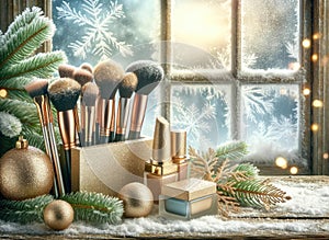 Cozy Winter Makeup Scene by Frosted Window, AI Generated