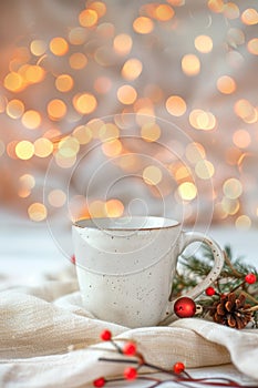Cozy Winter Moment with Warm Drink and Festive Lights