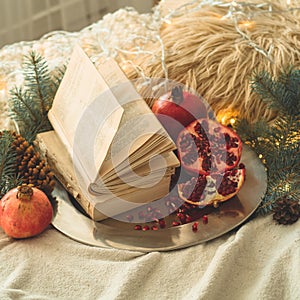 Cozy winter morning at home. Book and Pomegranate in a winter composition, Christmas trees, cones. Warm pillows and garlands