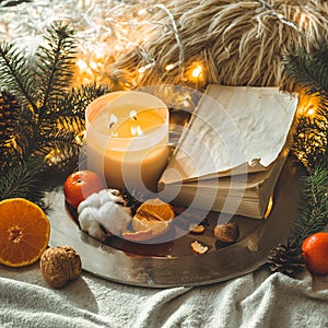 Book and Tangerines in a winter composition, Christmas trees, candles, cones, cotton, cinnamon. Symbol of New Year and Christmas