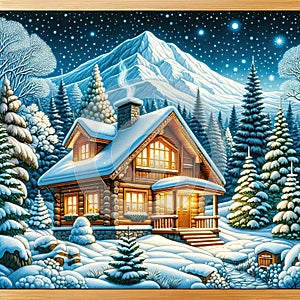 Cozy Winter Mountain Cabin, AI generated